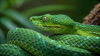 Fototapeta premium Emerald Gaze: A vibrant green snake, its scales shimmering, observes with captivating intensity.