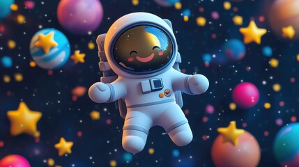 Cute Astronaut Character Floating in Colorful Cartoon Space Scene