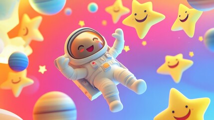 Fototapeta premium Happy Astronaut Surrounded by Colorful Stars and Planets in Space