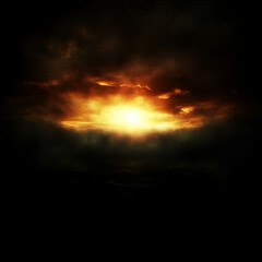 Dramatic Sky with Radiant Light Amidst Dark Stormy Clouds and Impending Twilight Gloom Scenery