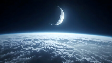 Space view of crescent moon over clouds
