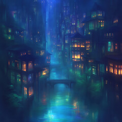 Fototapeta premium Dreamy Nocturnal Cityscape with Reflected Lights and Canal in a Quiet Urban Environment Setting