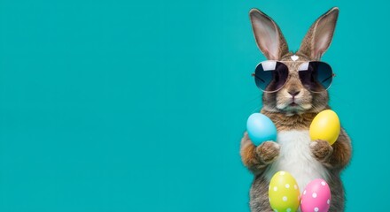 Fototapeta premium rabbit with sunglasses holding easter eggs on blue background