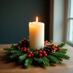 Candlelit table centerpiece with evergreen branches and pinecones, holly, pinecones, festive