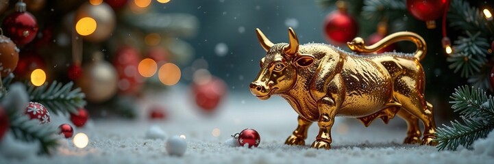 Fototapeta premium Bull-shaped ornament amidst festive Christmas decorations, winter wonderland, cozy atmosphere