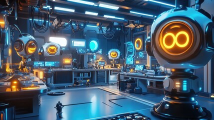 Fototapeta premium Futuristic Robotics Lab with High-Tech Equipment and Neon Lights