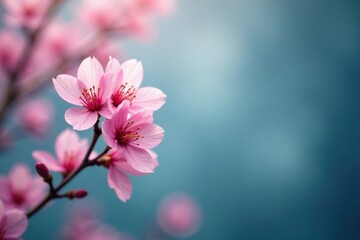 Obraz premium Delicate Pink Blossoms on a Branch Against a Soft Blue Background, a Serene Springtime Image