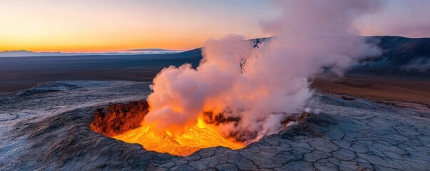 Fototapeta premium Volcanic landscapes concept. A stunning volcanic landscape showcasing steam and glowing lava at sunset.