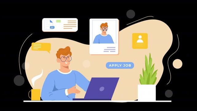 A flat vector animation demonstrating the steps of job searching, from creating resumes to attending interviews, showcasing a streamlined approach to career development.