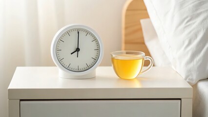 Naklejka premium healthy habits with nutrition and rest concept. A bedside scene featuring a clock and a cup of tea, evoking tranquility and morning routines.