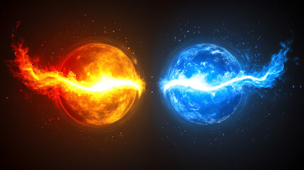Obraz premium Dynamic Collision of Fire and Ice Spheres with Energy Transfer Phenomenon Illustration