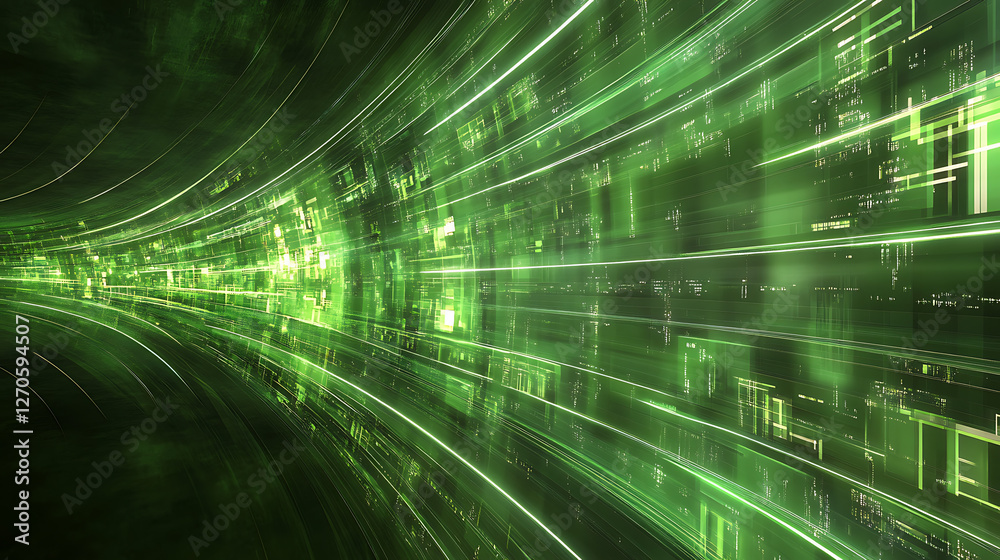 Poster dynamic green data stream abstract digital tunnel with motion blur and futuristic technology element