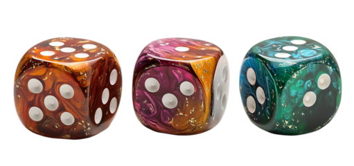 Three Colorful Swirled Dice Gambling Game Gold art luck risk play cube casino design      