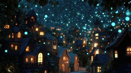 Enchanted Night Scene with Glowing Lights and Whimsical Houses
