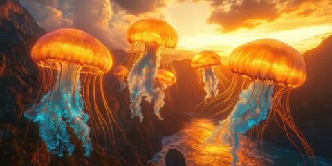 Majestic bioluminescent jellyfish drift ocean depths digital art surreal enchanting underwater world