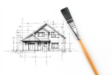 Architectural sketch of a house paired with an artist's brush for a creative home design concept