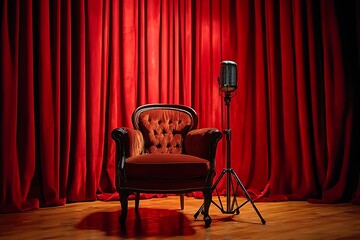 Red velvet curtain and retro armchair with microphone on the stage.