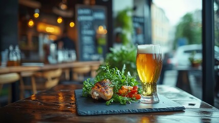 A delicious meal of grilled chicken and salad paired with a cold beer in a cozy setting.