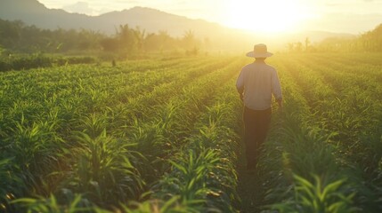 Fototapeta premium A farmer strolls through tall rows of vibrant corn at sunset, with golden rays filtering through leaves and creating shadows across the lush field