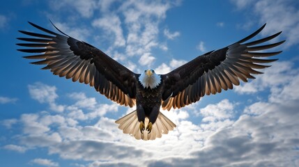 Majestic eagle soaring high in the vast blue sky with its wings fully outstretched showcasing its impressive wingspan and powerful grace in the natural wilderness