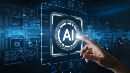 A futuristic digital interface features a glowing AI icon, a human hand, and a high-tech blue grid symbolizing data analysis, innovation, and advanced technology.