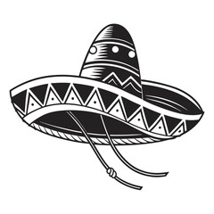Detailed black and white vector of a classic Mexican sombrero showcasing bold lines and decorative elements. Ideal for cultural celebrations Cinco de Mayo, heritage projects, or travel content.
