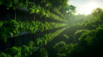 Green Building Facade With Plants in Bright Sunlight Enhancing Environmental Sustainability and Modern Urban Architecture