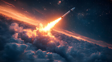 A rocket is flying through the sky, leaving a trail of smoke behind it
