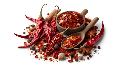 dried red chili pepper flakes and seeds isolated on white background