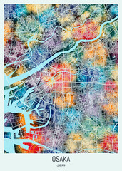 Osaka Japan Map, background downtown, urban modern colorful, bright graphic design, abstract travel art, new business district, urban artistic detail, paint border downtown