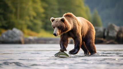 Obraz premium Powerful Brown Bear Standing Poised to Catch a Fish in a Rushing River Surrounded by a Picturesque Mountainous Forest Landscape