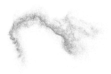 Black grainy texture. Abstract dust overlay. Grain noise. Black explosion on transparent background. Splash water effect. PNG format.