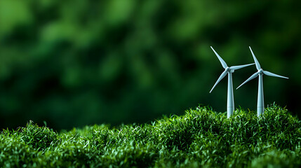 Green Energy Windmills on a Grass with Soft Focus Green Background Environmentally Focused Photo