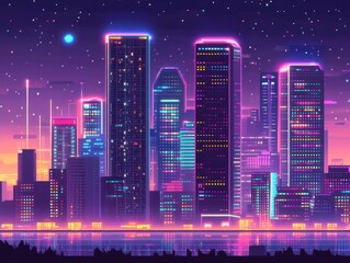 Vibrant Neon Cityscape at Night with Water Reflection