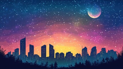 Vibrant Urban Skyline Against Starry Night Sky with Colorful Gradient
