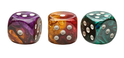 Three Colorful Marbled Dice Game Chance Gamble Luck Red Bet Teal Risk Odds Roll Play Cube 