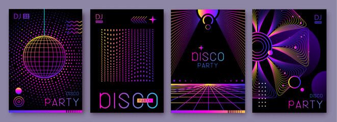 Set of retro futuristic holographic disco party posters, covers or banners with different geometric shapes. Fluorescent disco background. Flat design. Vector illustration