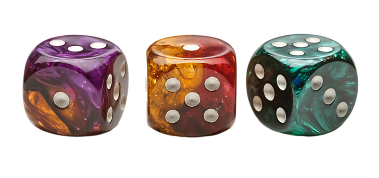 Three Colorful Marbled Dice Game Chance Gamble Luck Red Bet Teal Risk Odds Roll Play Cube 