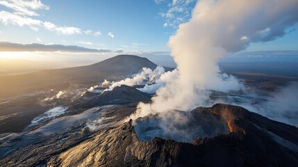 Volcanic landscapes concept. Majestic volcano landscape with smoke and steam billowing into the clear blue sky.