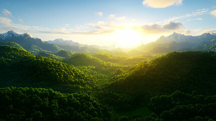 Green Forested Mountains Bathed in Golden Sunlight at Sunrise Scenic Landscape