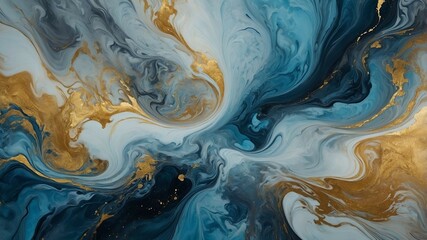 Elegant Abstract Fluid Art with Watercolor and Alcohol Ink Effects in Blue and Gold.
