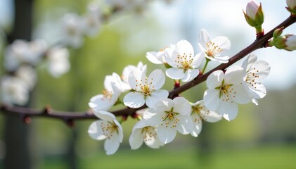 Obraz premium Delicate white blossoms adorn the branches of a mature tree in full bloom, spring, blossoming