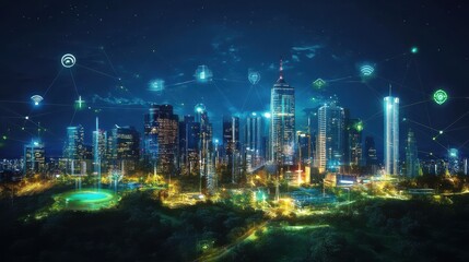Fototapeta premium Urban Nightscape with Digital Connectivity and Futuristic Skyline
