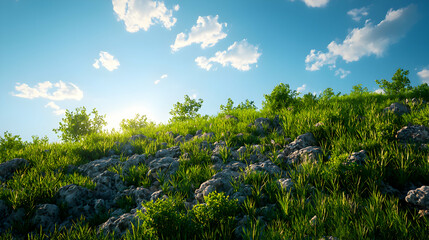 Fototapeta premium Green Hill Under Blue Sky with Fluffy Clouds on Summer Day Landscape