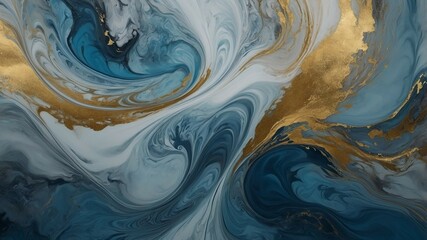 Elegant Abstract Fluid Art with Watercolor and Alcohol Ink Effects in Blue and Gold.
