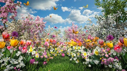Fototapeta premium Vibrant Floral Meadow with Colorful Butterflies under Bright Blue Sky
