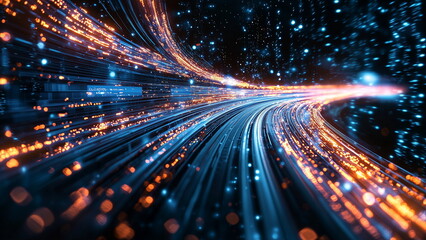 Fototapeta premium Illustration of fast data transmission, blue and orange light moving fast in a curve stream, representing bit information