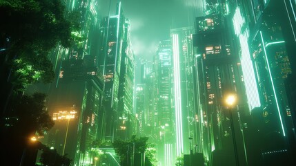 Futuristic Cityscape with Neon Lights and Lush Greenery at Night