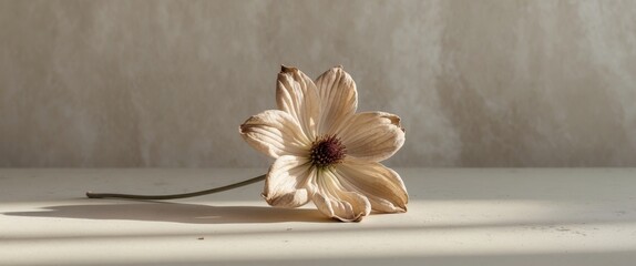 Dried flower with shadow on textured neutral background