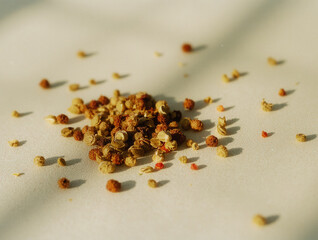 Sunlit pile of spices scattered on a light surface